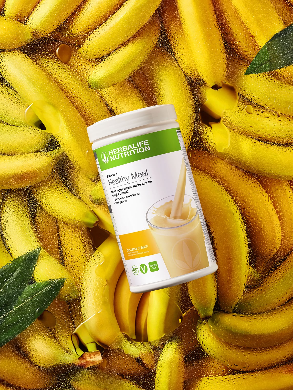Herbalife Formula 1 banana shake mix on fresh bananas background — product photography Minsk