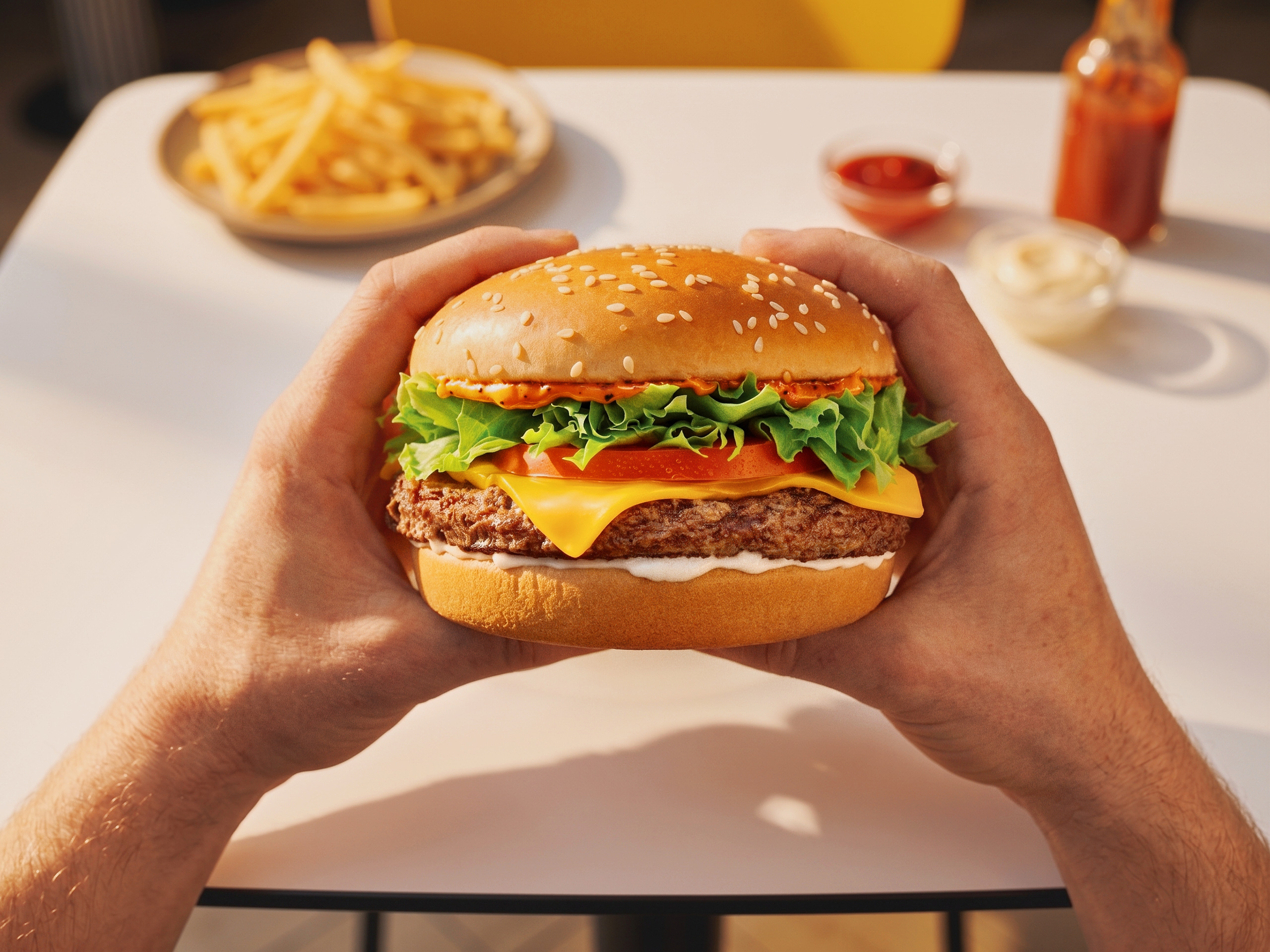 Hands holding a spicy McDonald’s beef burger with lettuce, tomato, cheese and sauce, with fries and dips blurred in background